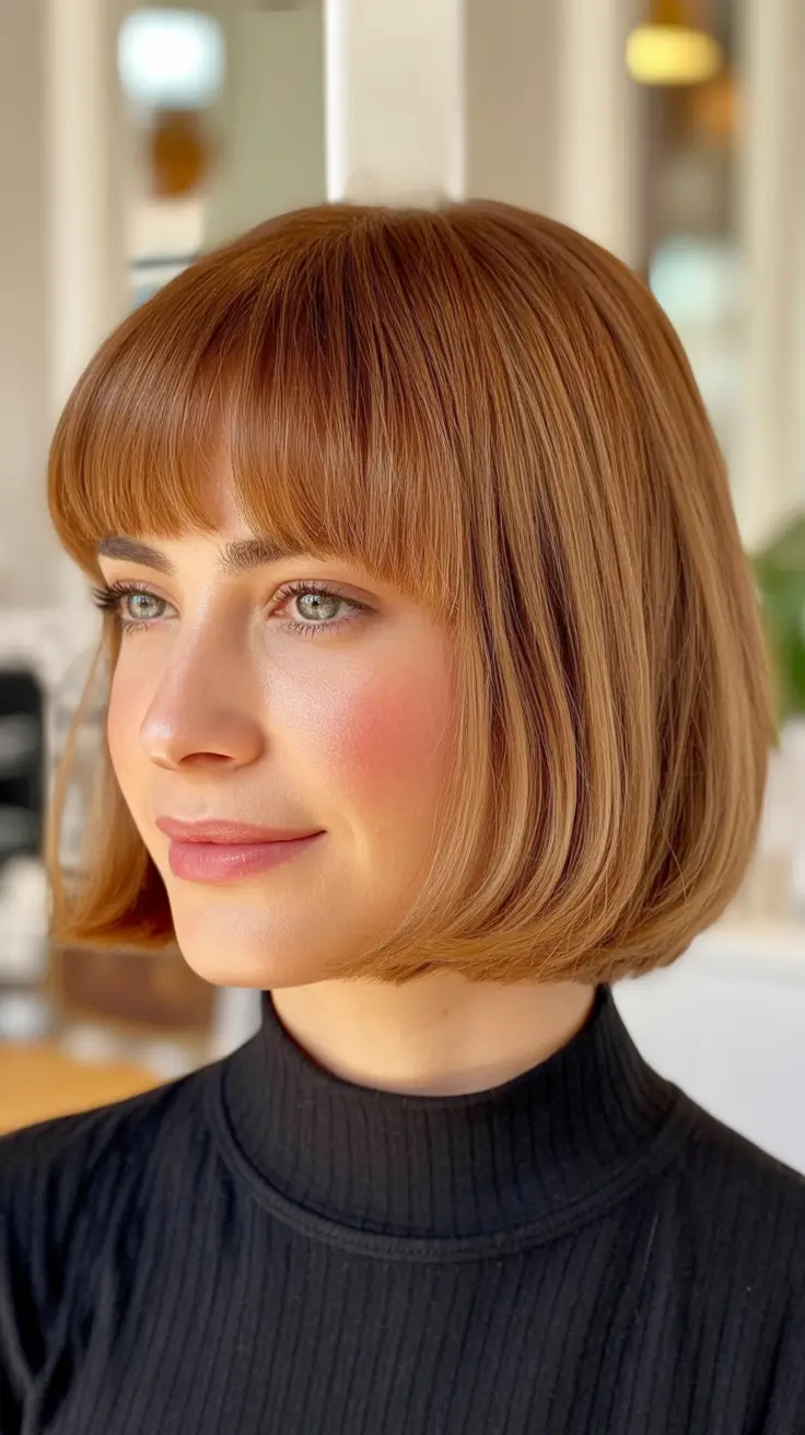 New bangs hairstyle trends 2026 Classic Rounded Bob With Straight Fringe