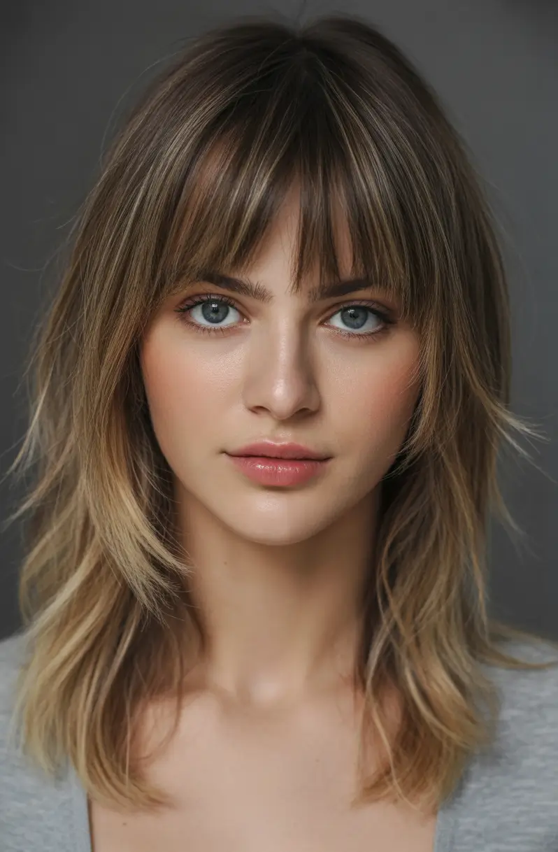 New bangs hairstyle trends 2026 Modern Shag With Textured Fringe and Rooted Dimension