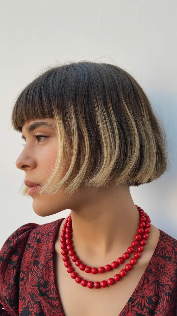 New bangs hairstyle trends 2026 Blunt Micro Bob With Bold Contrast Fringe