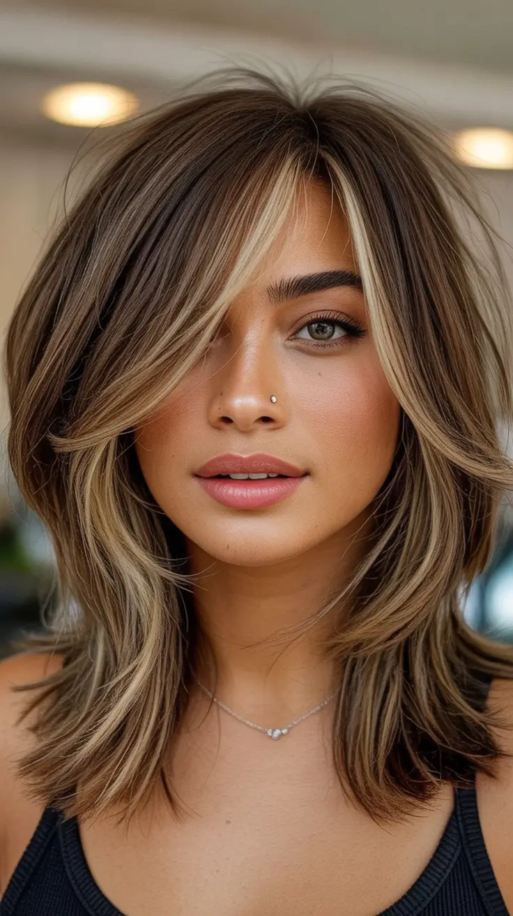 New bangs hairstyle trends 2026 Layered Honey Brunette Fringe With Modern Highlights