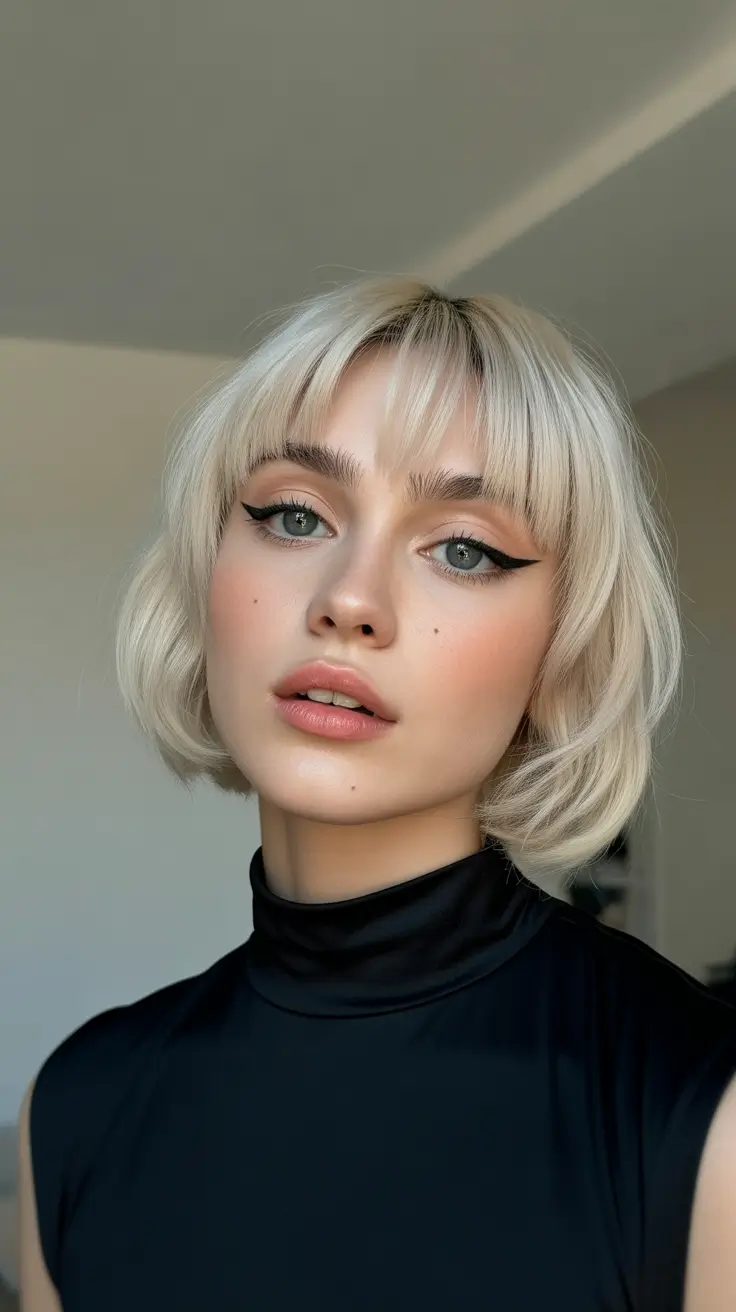 New bangs hairstyle trends 2026 Short Platinum Bob With Chic Baby Bangs