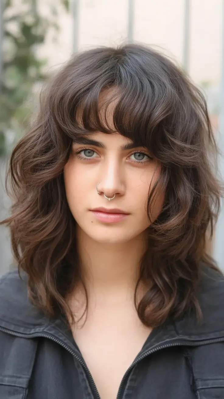 New bangs hairstyle trends 2026 Curly Wolf Layers With Soft Shag Bangs