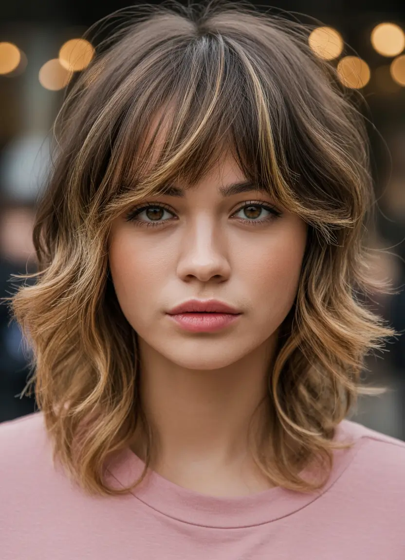 New bangs hairstyle trends 2026 Sunkissed Medium Shag With Wispy Fringe