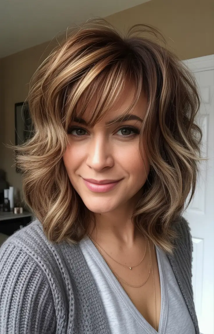 New bangs hairstyle trends 2026 Champagne Blonde Waves With Soft Layered Bangs