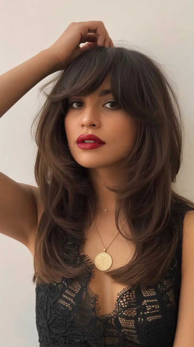 New bangs hairstyle trends 2026 Glamorous Editorial Waves With Luxe Curtain Bangs