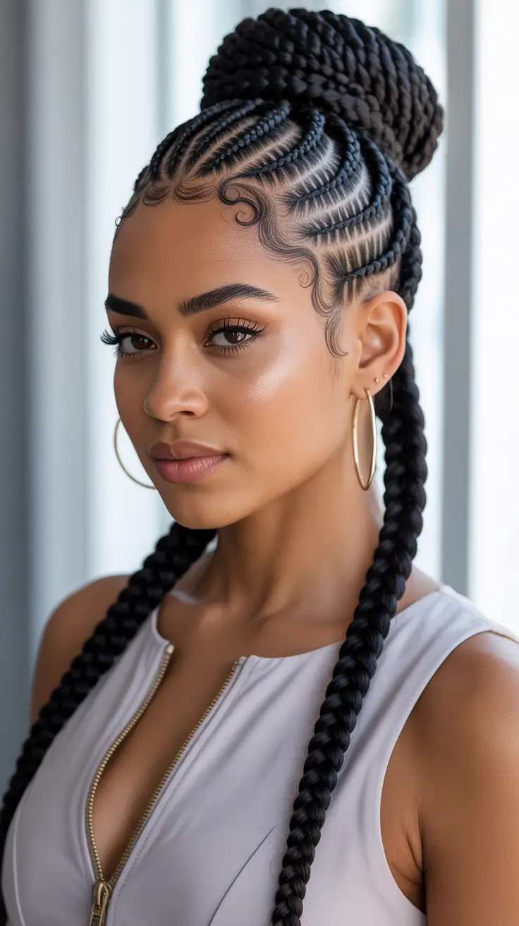 hairstyle black women plaquage Modern Braided Bun With Clean Geometry
