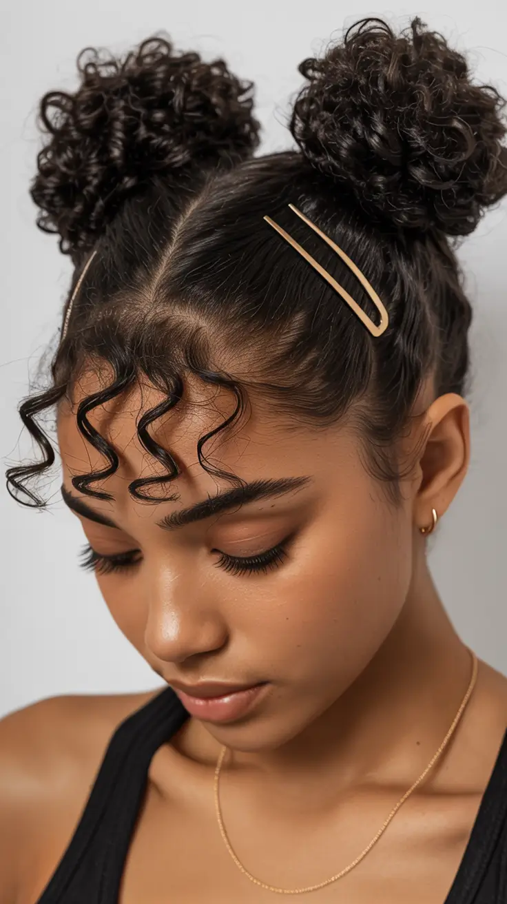 hairstyle black women natural Double Curly Buns With Soft Bangs