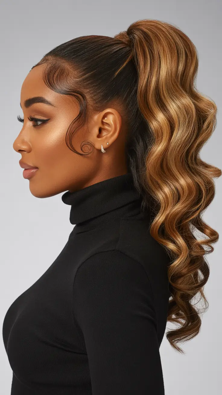 hairstyle black women weave High Ponytail With Ultra-Glossy Length