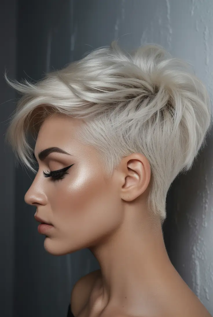 New pixie cut trends 2026—Platinum Sculpted Pixie with Long Crown Layers