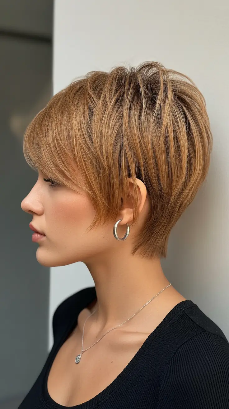 New pixie cut trends 2026—Warm Caramel Layered Pixie with Soft Bangs