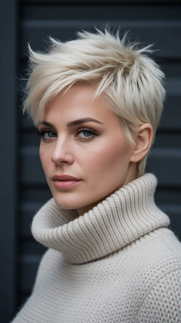 New pixie cut trends 2026—Platinum Windswept Pixie with Shaggy Texture