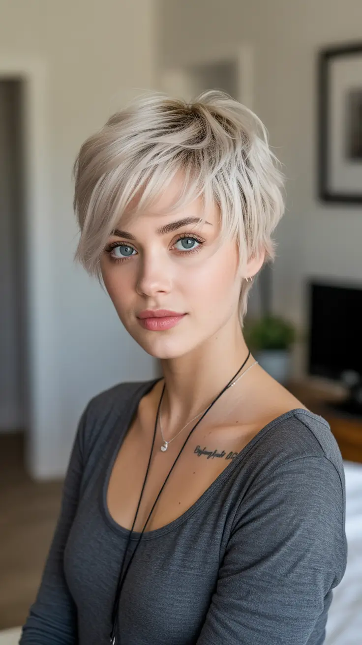 New pixie cut trends 2026—Soft Feathered Platinum Pixie with Face-Framing Fringe