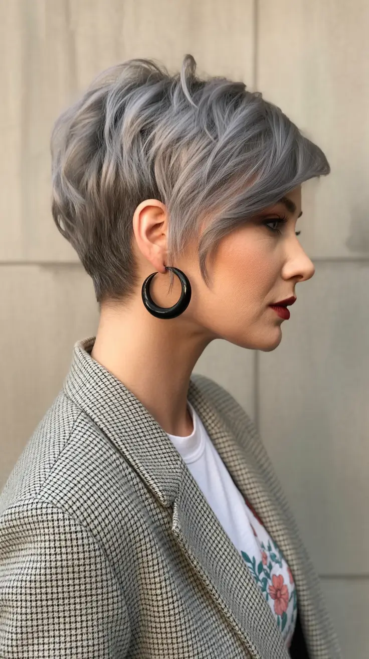 New pixie cut trends 2026—Smoky Silver Long Pixie with Side Sweep