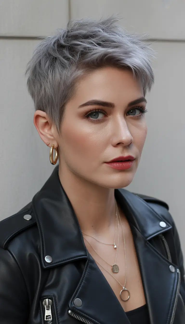 New pixie cut trends 2026—Textured Silver Pixie with Shaggy Movement