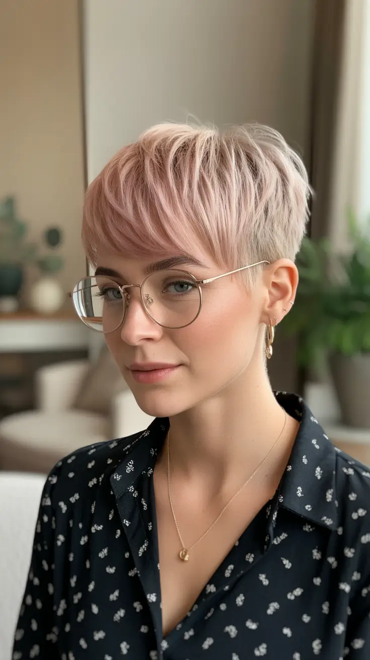 New pixie cut trends 2026—Rose-Gold Pixie with Layered Softness