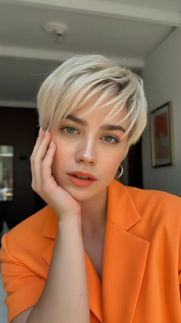 New pixie cut trends 2026—Modern Honey Blonde Pixie with Soft Dimension