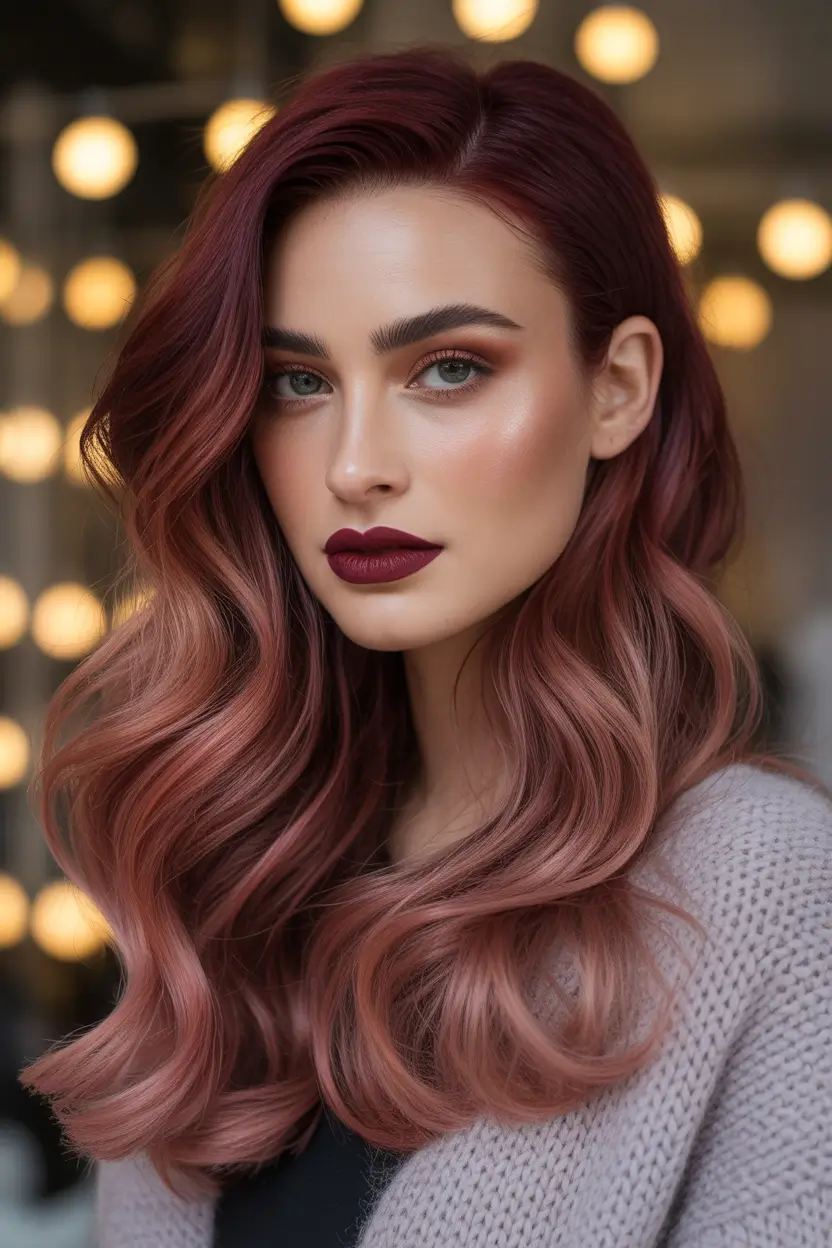 New Wavy Hair Trends 2026 Deep Wine Waves With a Soft Rosy Glow