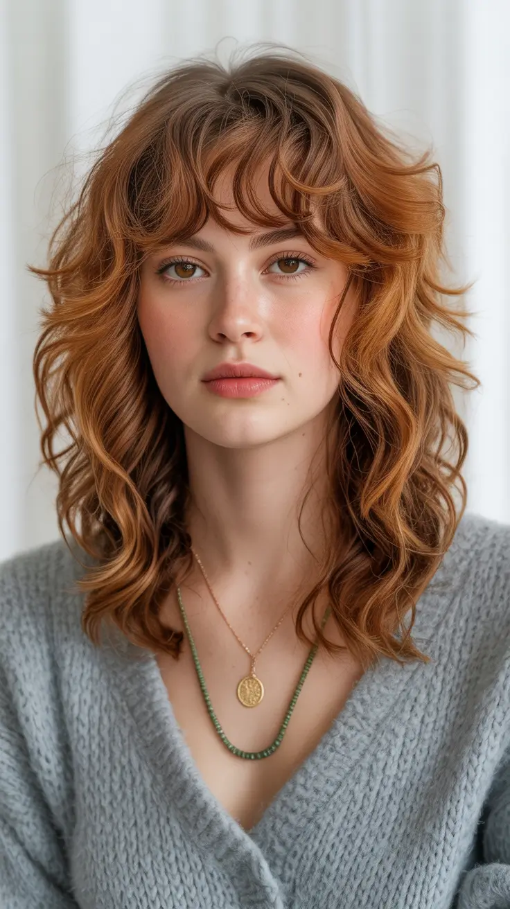 New Wavy Hair Trends 2026 Soft Ginger Waves With Wispy Fringe