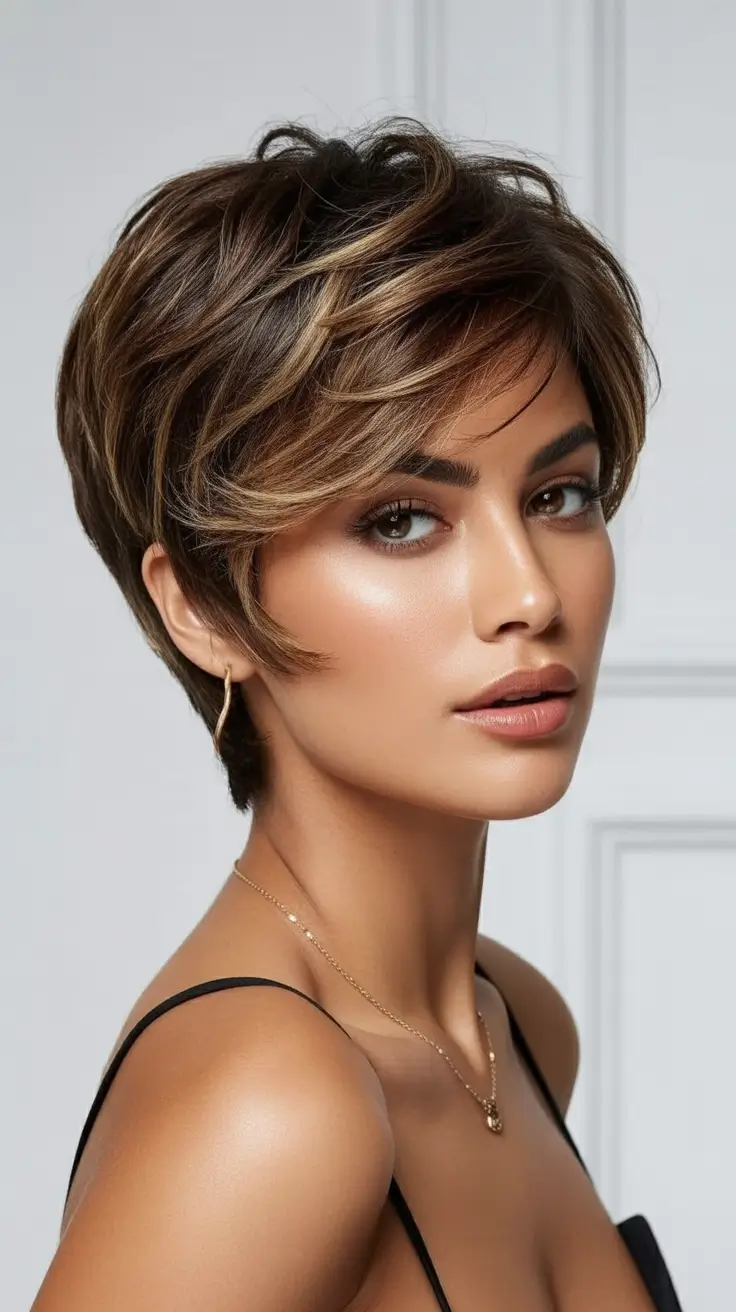 Women Layered Brunette Pixie-Bob Blend