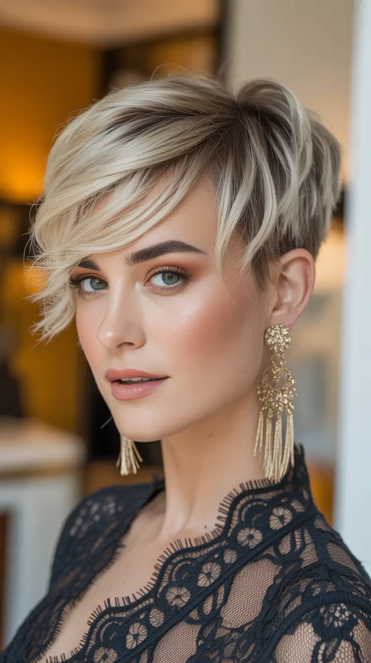 Side-part hairstyle trends 2026 – Blonde Layered Pixie
