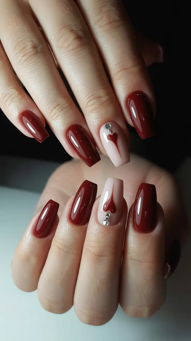simple everyday nails 2026 Burgundy heart