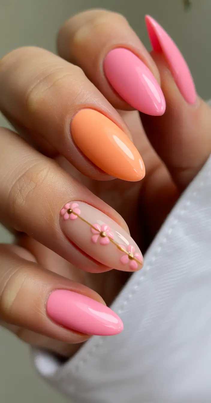 simple everyday nails 2026 Pink peach floral
