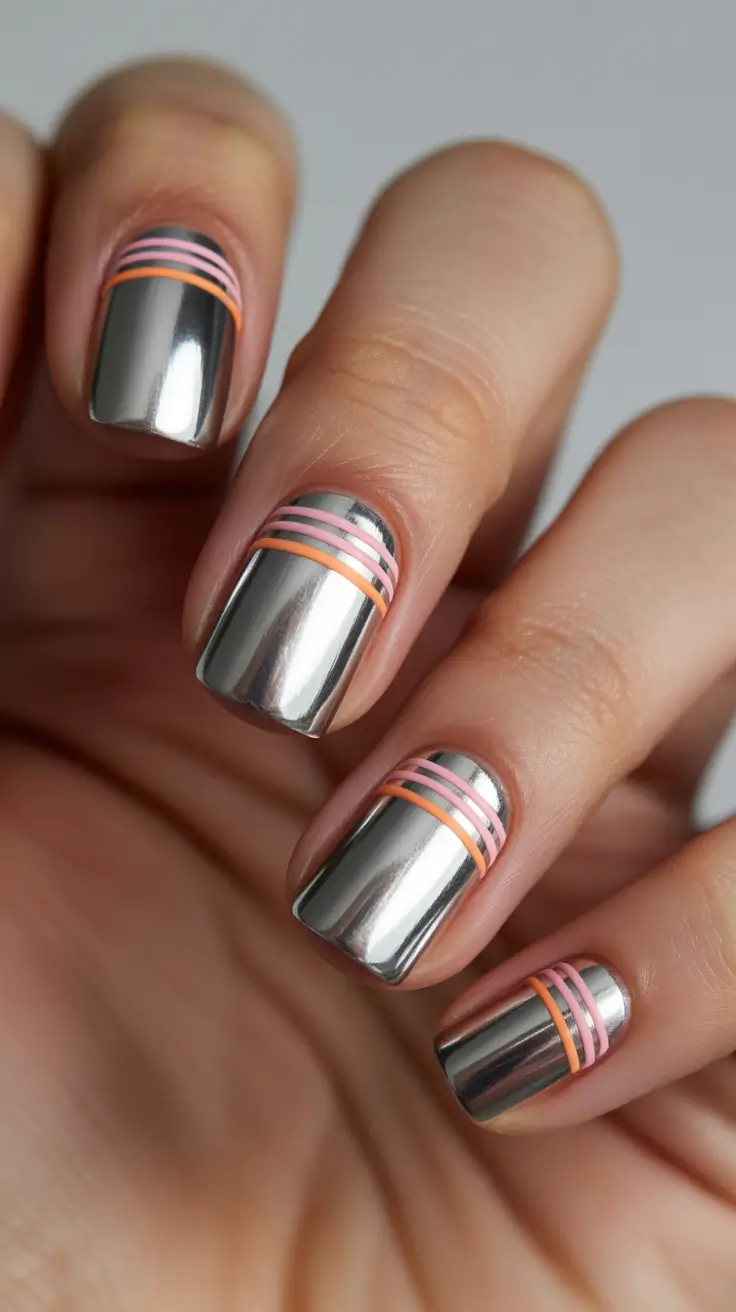 simple everyday nails 2026 Silver chrome stripes