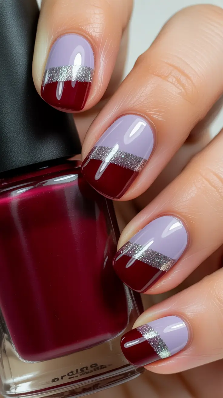 simple everyday nails 2026 Burgundy silver stripe