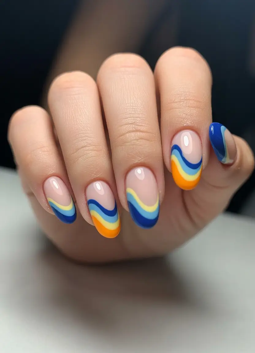 simple short almond nails 2026 Flowing Blue and Yellow Waves on Almond Nails