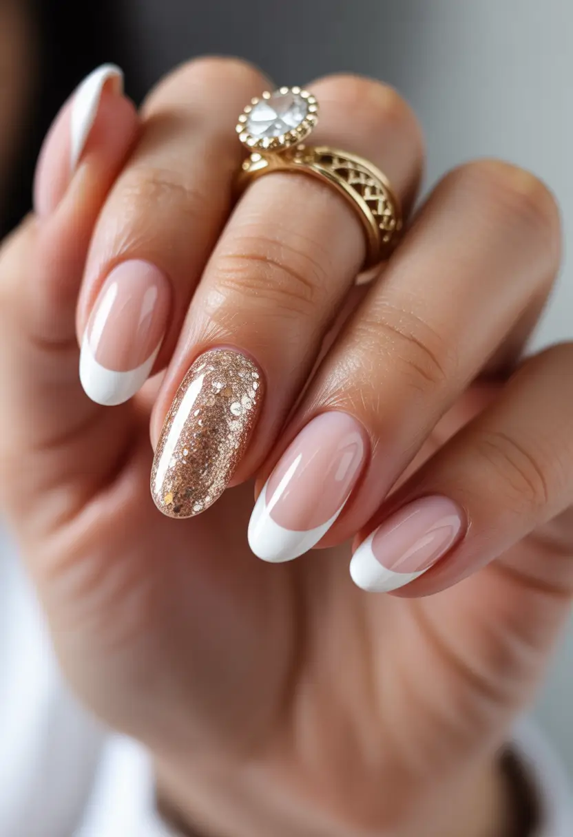 simple short almond nails 2026 Minimal French With a Golden Accent Twist