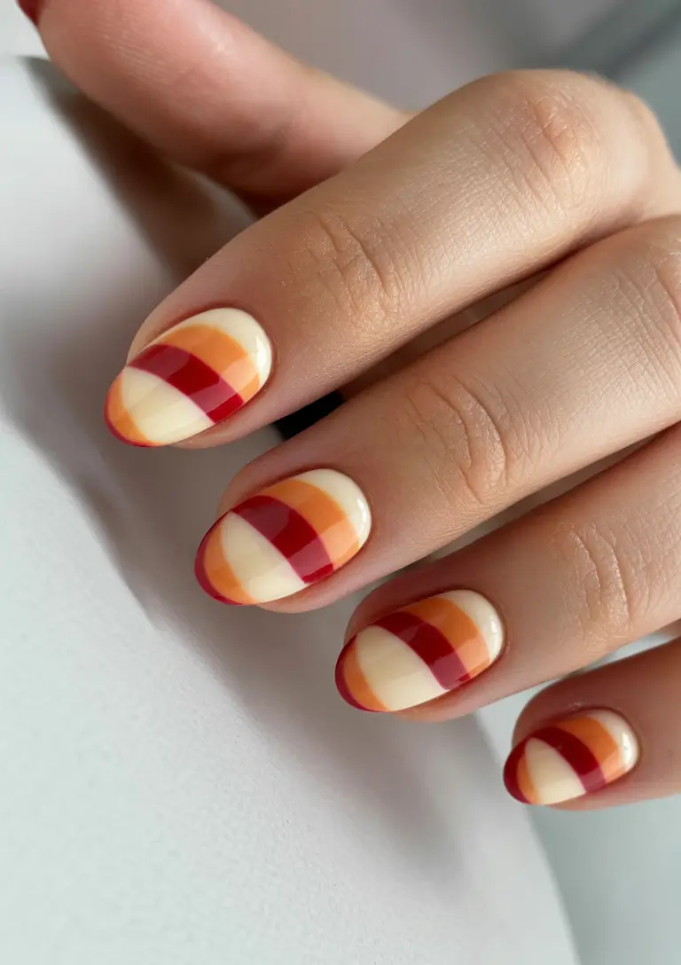 simple short almond nails 2026 Warm Retro Stripes on Short Almond Nails
