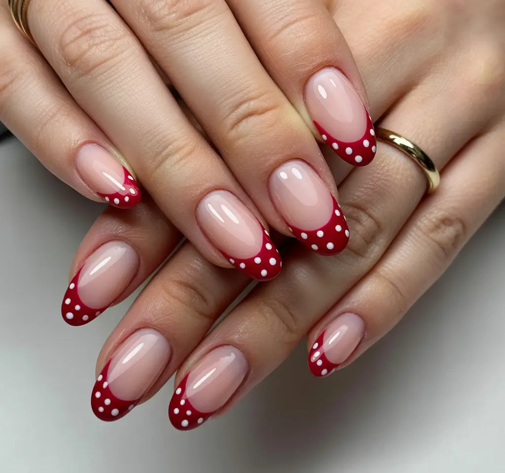simple short almond nails 2026 Red Polka Dot French on Soft Pink Almond Nails