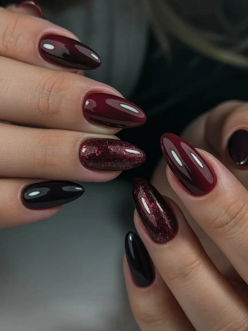 simple short almond nails 2026 Deep Red Almonds With Subtle Sparkle Depth