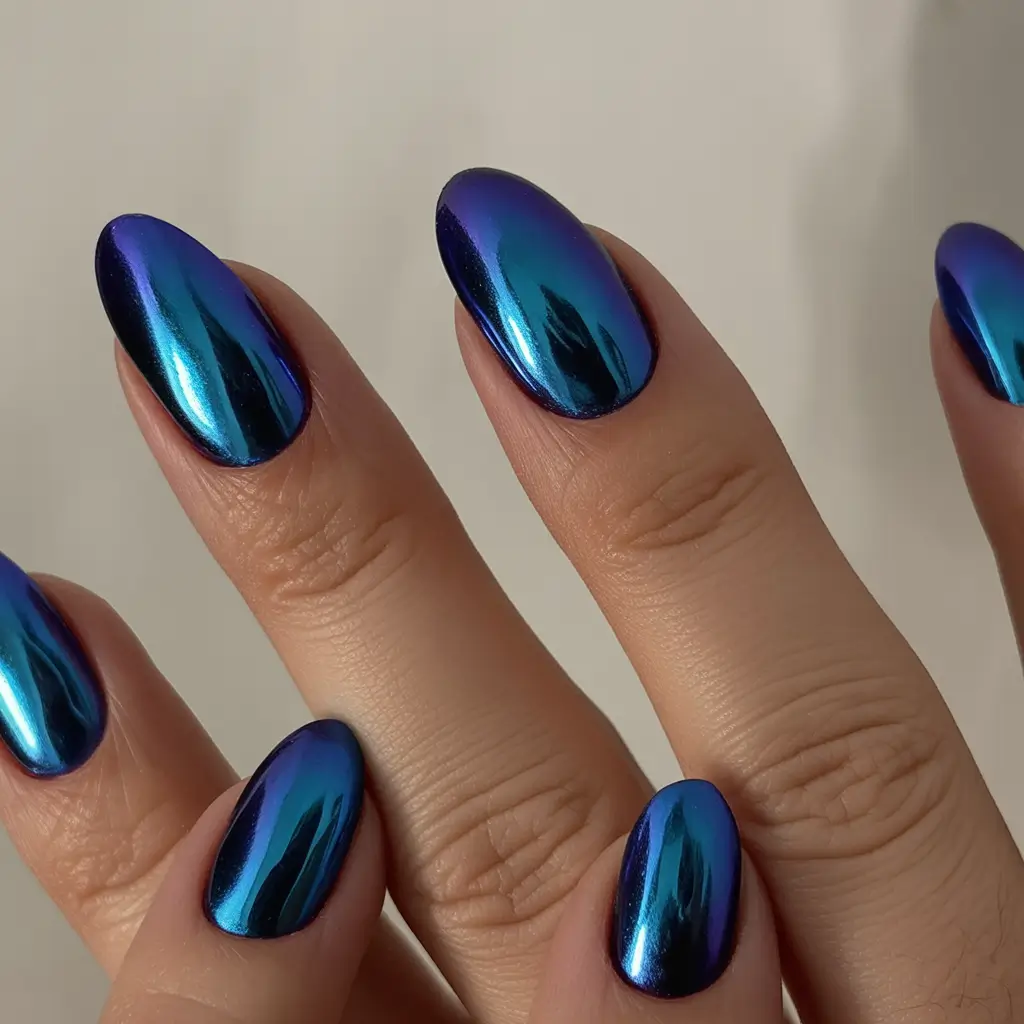 simple short almond nails 2026 Blue Chrome