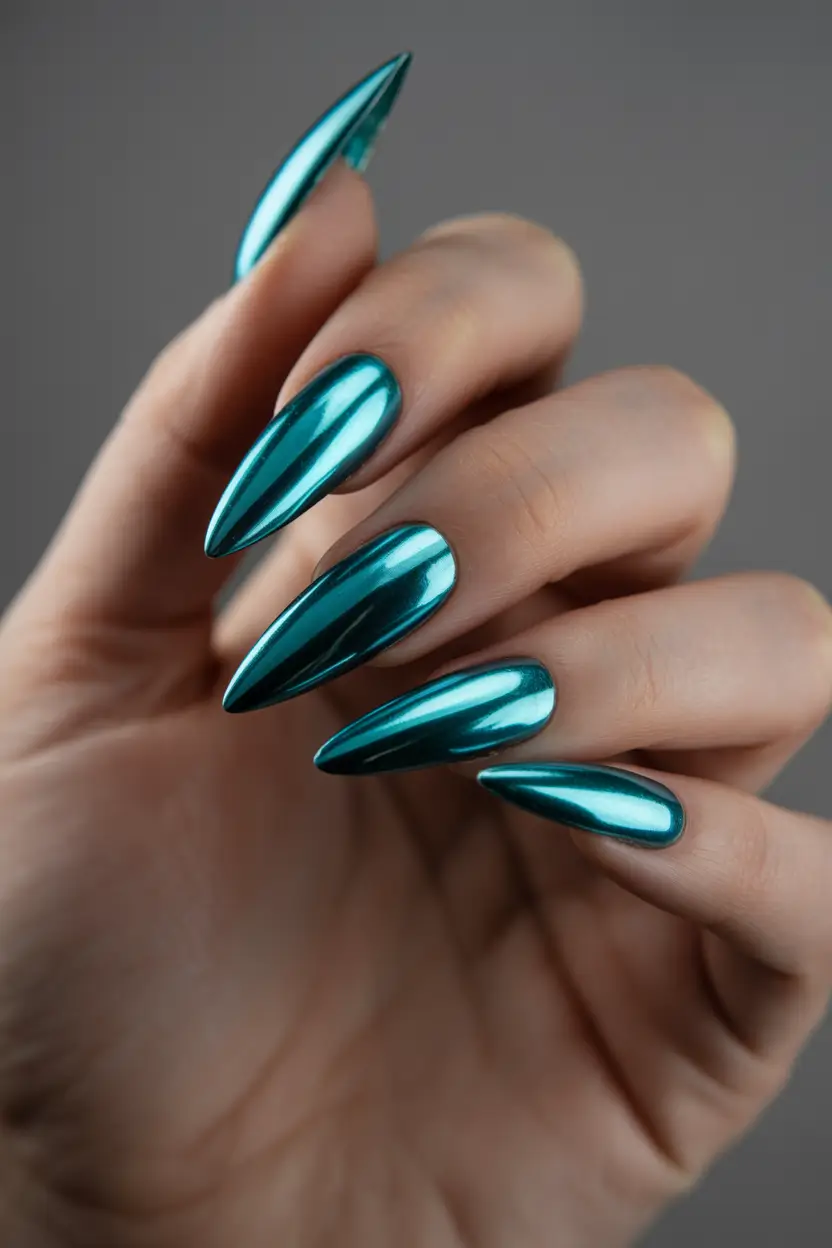 Stiletto nails 2026 Teal Chrome