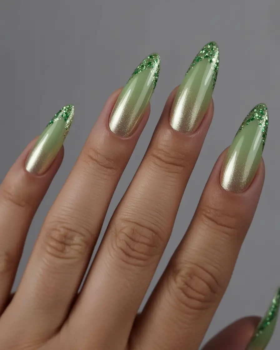 Stiletto nails 2026 Green Gold Fade