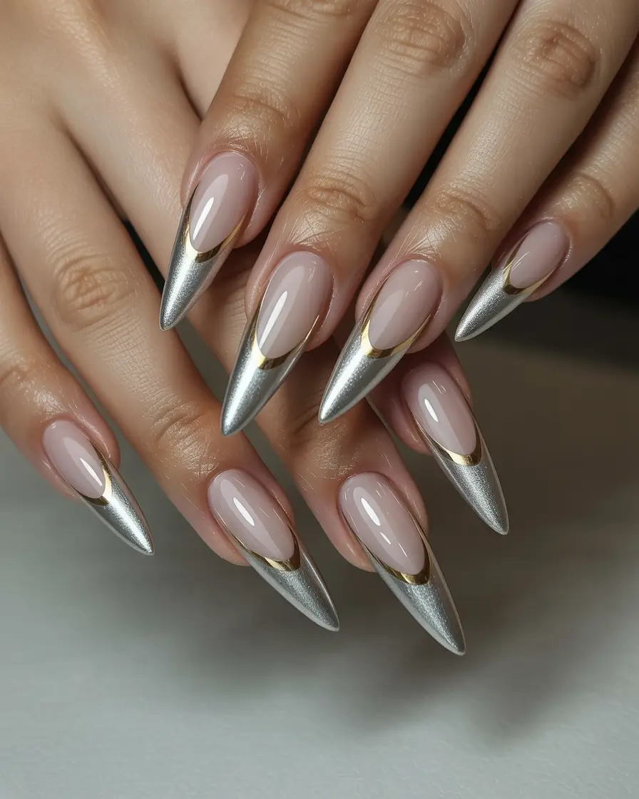 Stiletto nails 2026 Silver French Tip