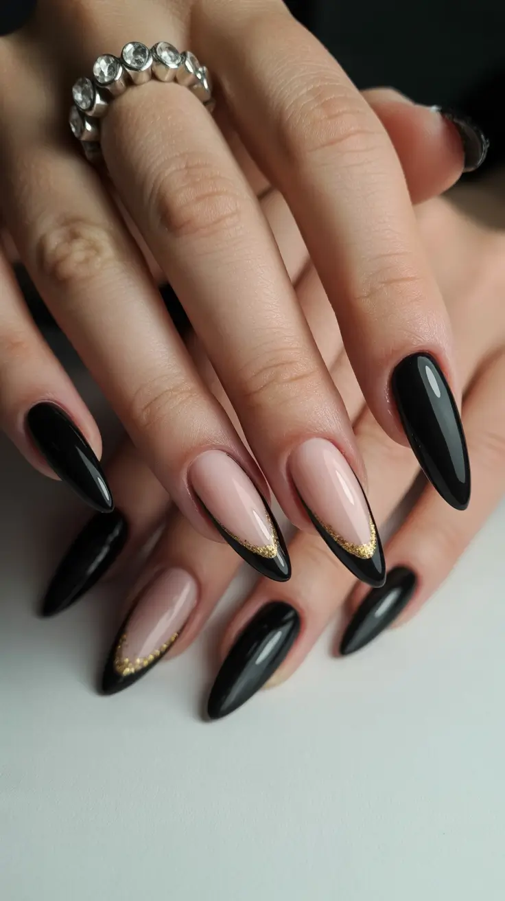 Stiletto nails 2026 Black Gold French