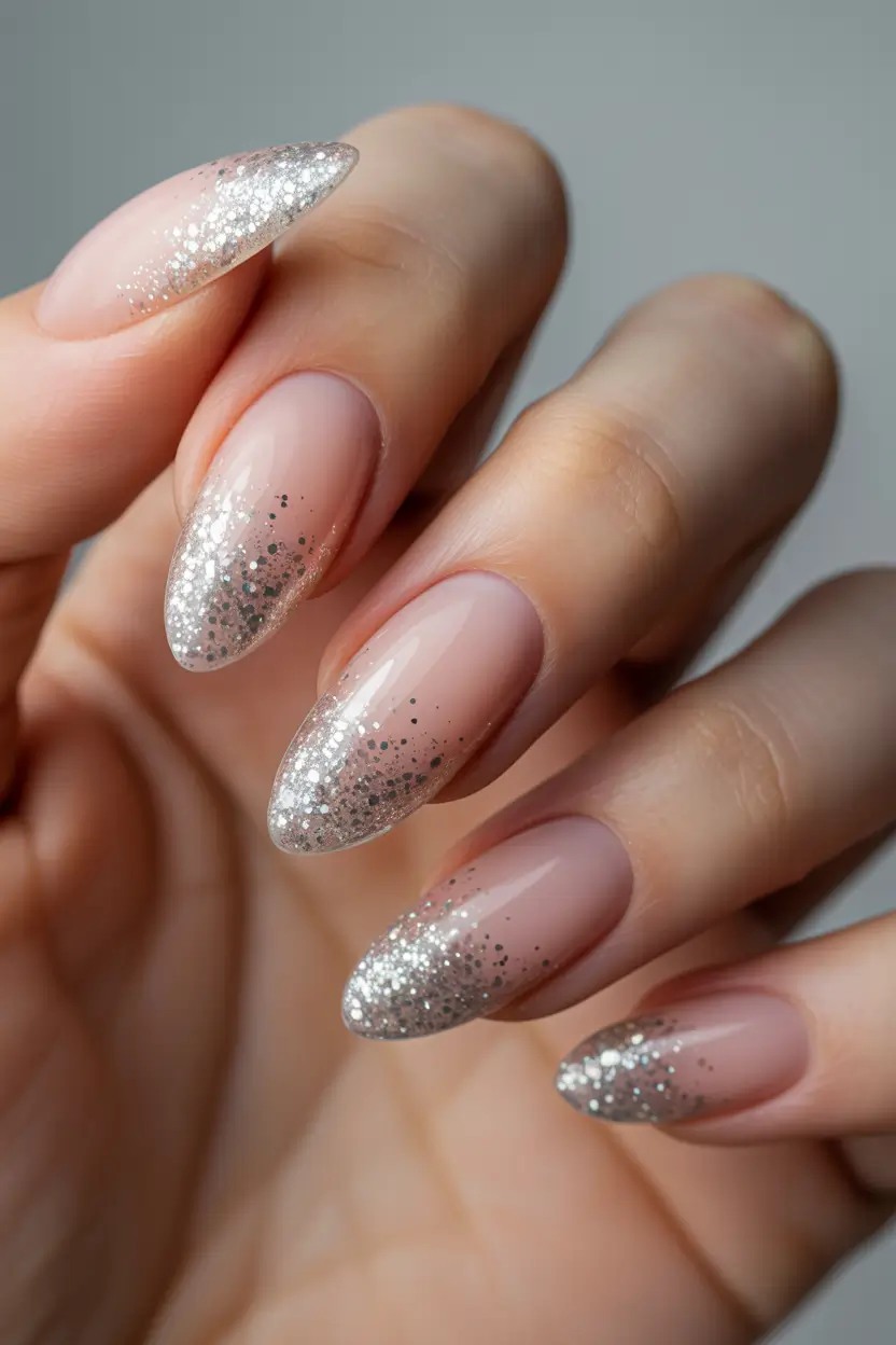Stiletto nails 2026 Silver Glitter Nude