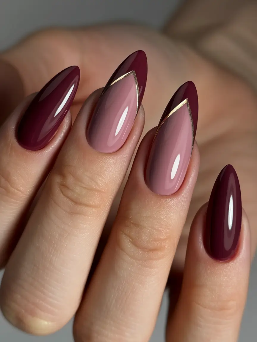 Stiletto nails 2026 Burgundy Gold Line