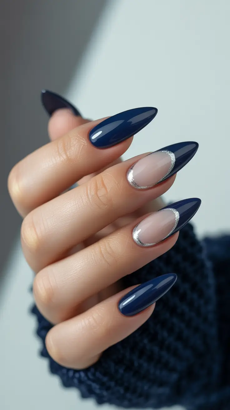 Stiletto nails 2026 Navy Silver French