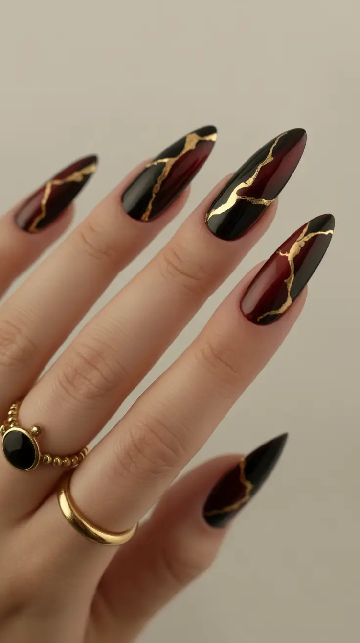 Stiletto nails 2026 Black Burgundy Gold Marble