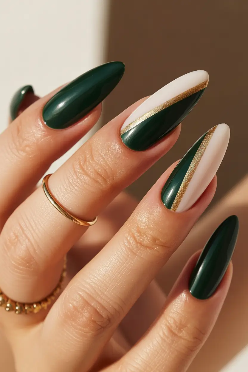 Stiletto nails 2026 Green White Gold