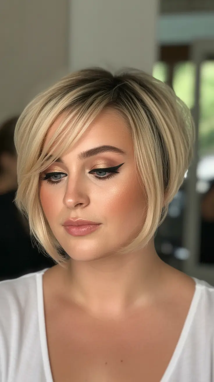 Stylish haircuts for plus size ladies 2026 Soft Blonde Bob With Sweeping Fringe