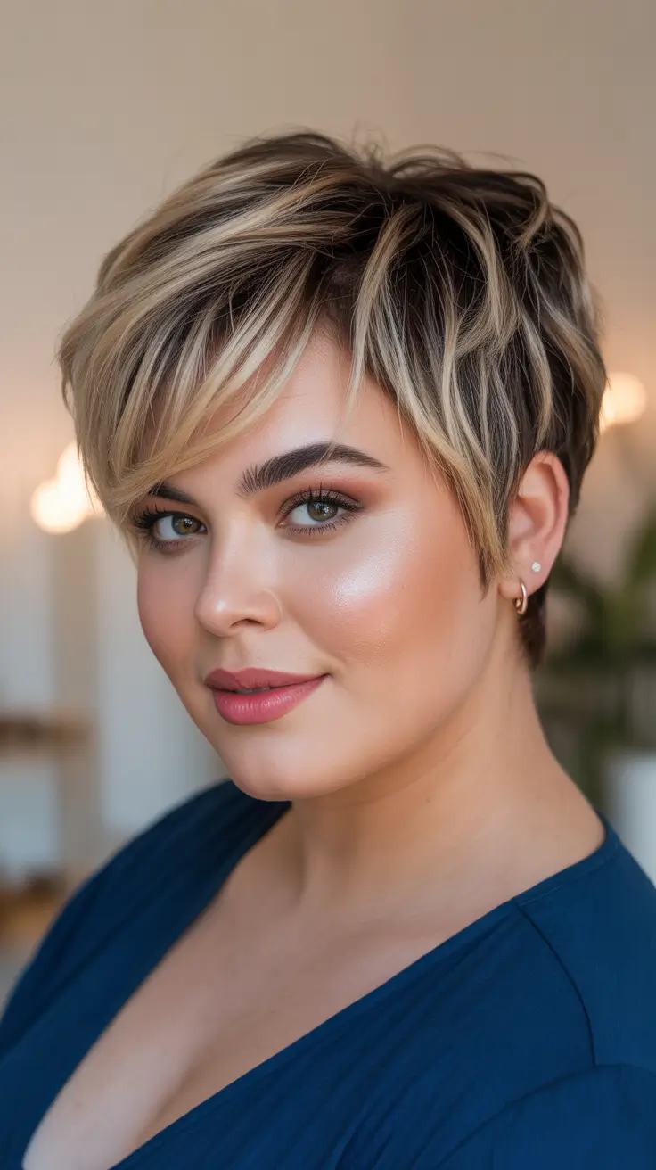 Stylish haircuts for plus size ladies 2026 Dimensional Pixie With Highlighted Layers