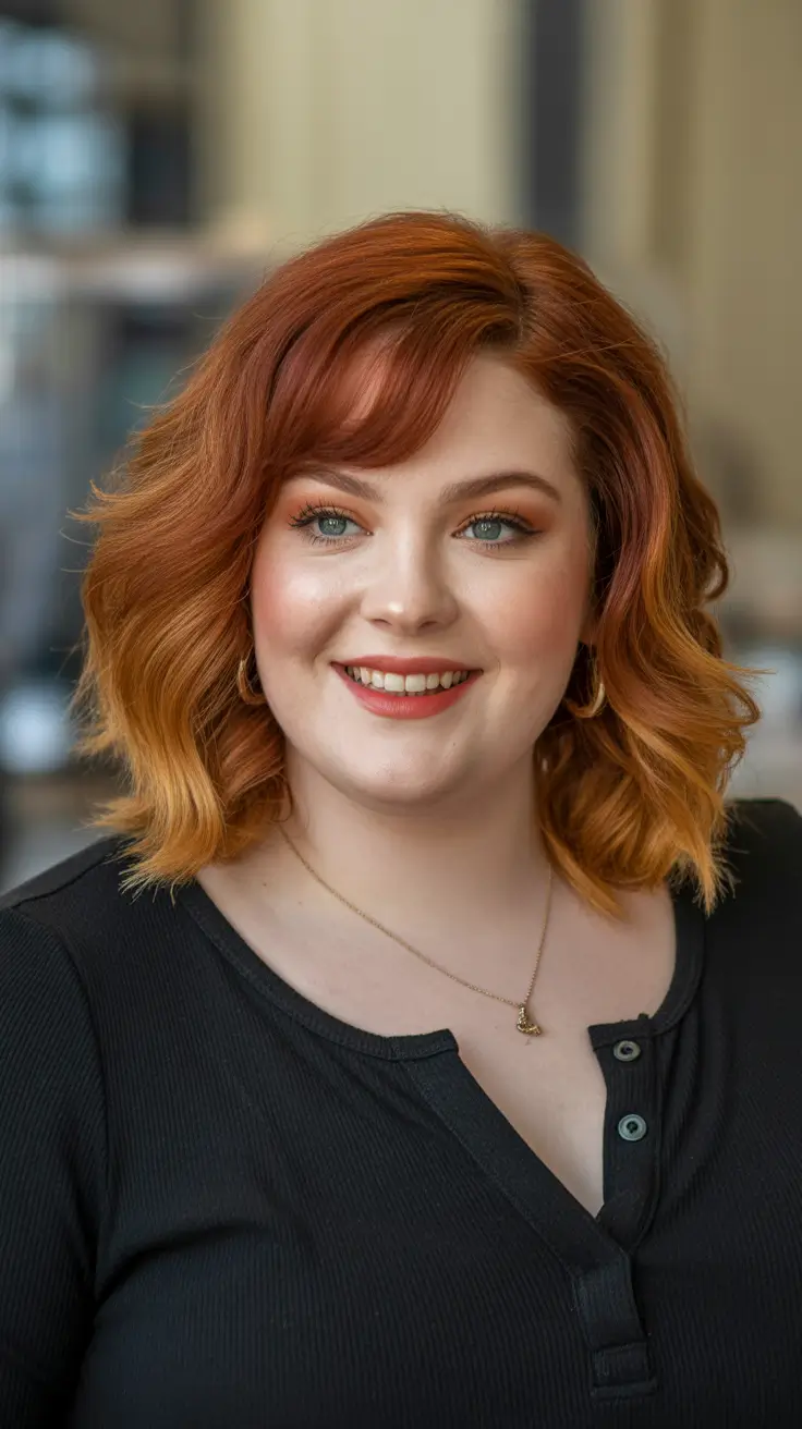 Stylish haircuts for plus size ladies 2026 Warm Copper Waves With Soft Side Fringe