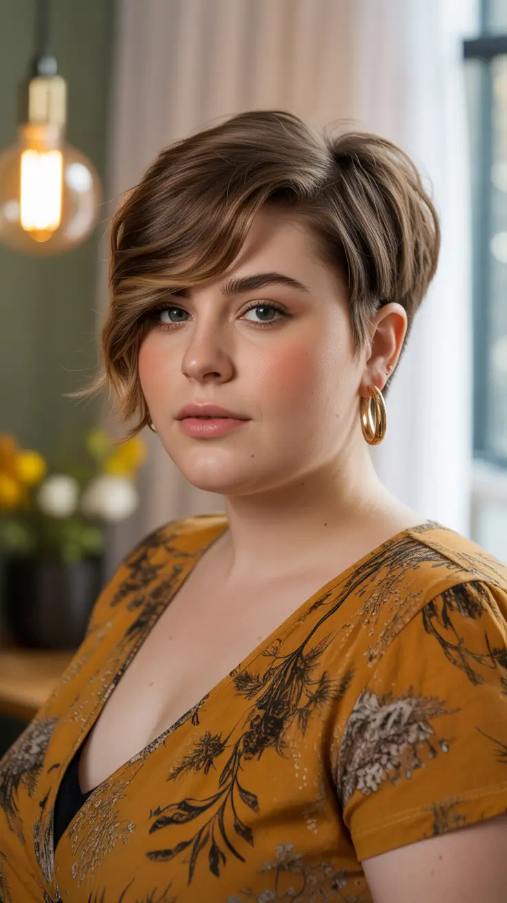 Stylish haircuts for plus size ladies 2026 Textured Side-Swept Pixie With Contour Layers