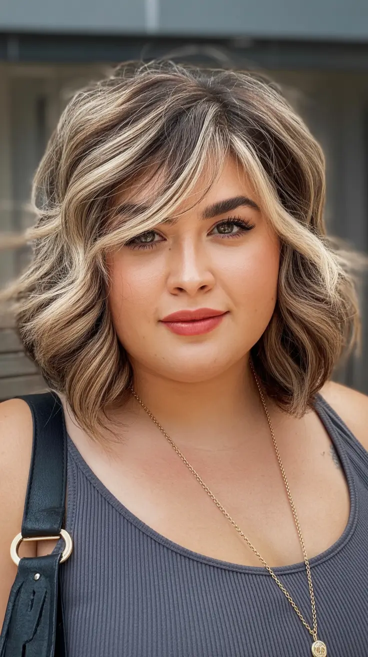 Stylish haircuts for plus size ladies 2026 Textured Wavy Bob With Face-Framing Highlights
