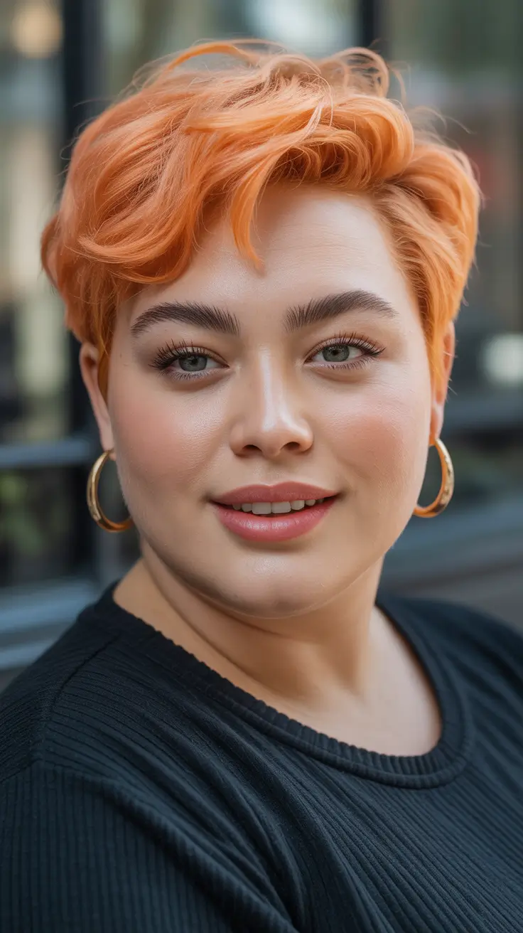 Stylish haircuts for plus size ladies 2026 Bold Copper Pixie With Swept Texture