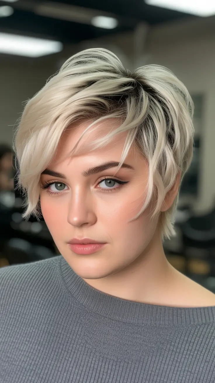 Stylish haircuts for plus size ladies 2026 Blonde Long Pixie With Tousled Crown
